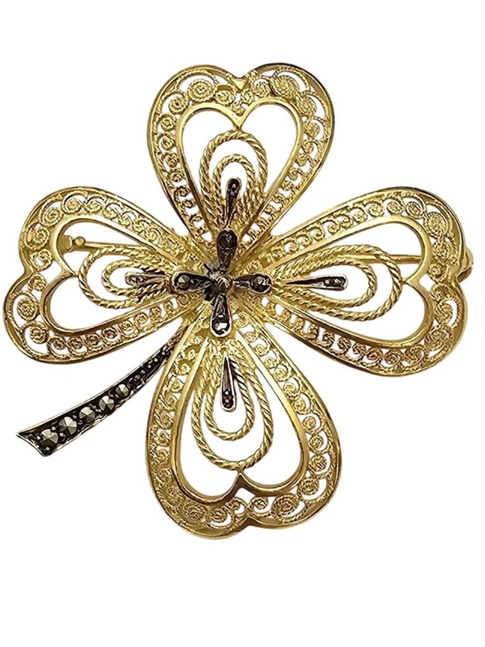 Vermeil Marcasite Clover Brooch, Sterling Germany Marcasite Pin